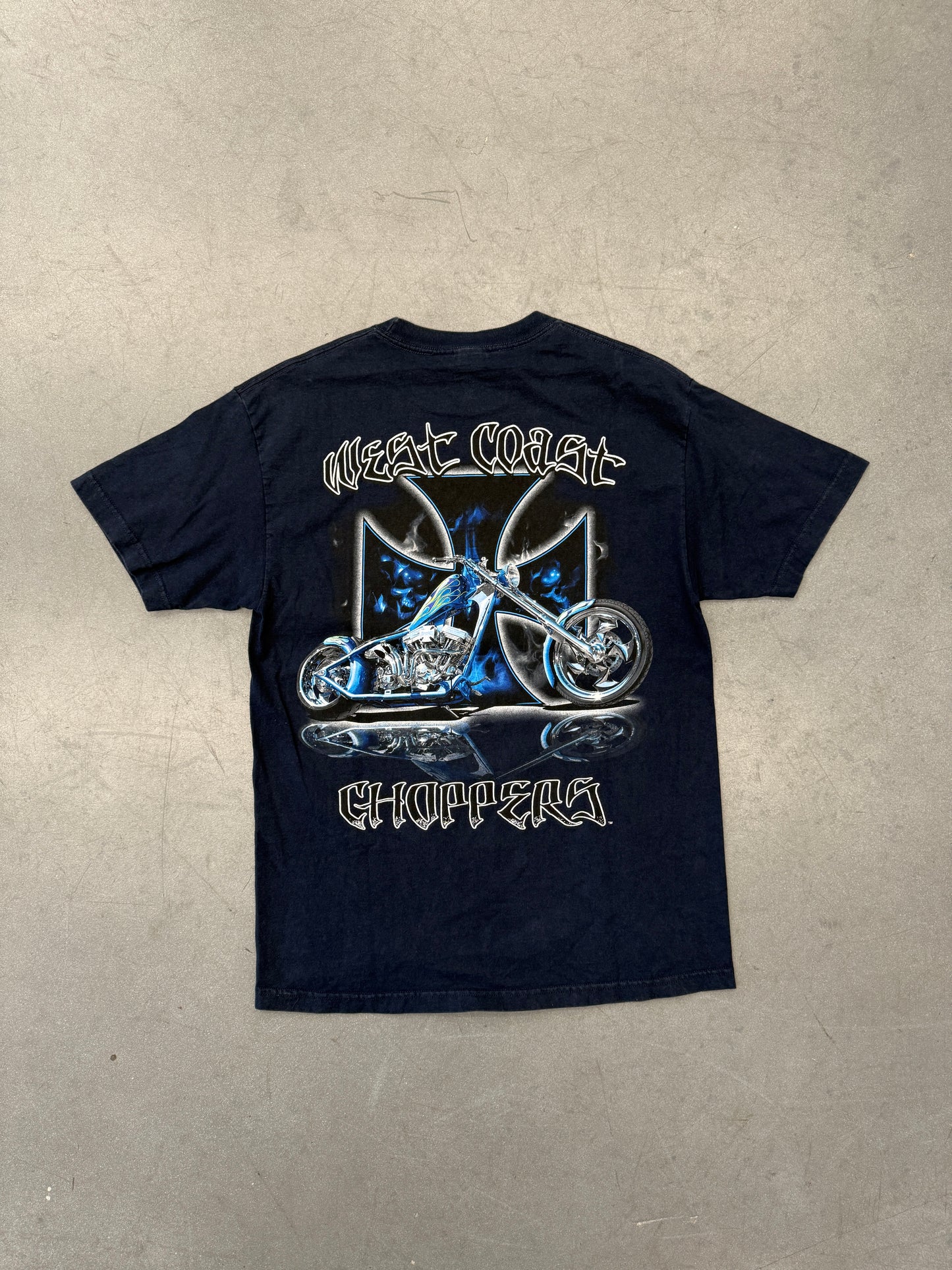 Y2K WEST COAST CHOPPERS SKULLS IRON CROSS LOGO BLUE BIKE MULLET TEE (JESSE WHO? TAG)