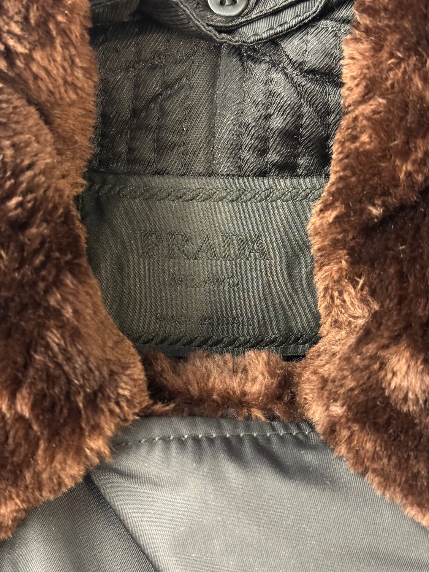 FW94 PRADA NYLON AND LEATHER COAT WITH DETACHABLE FUR COLLAR