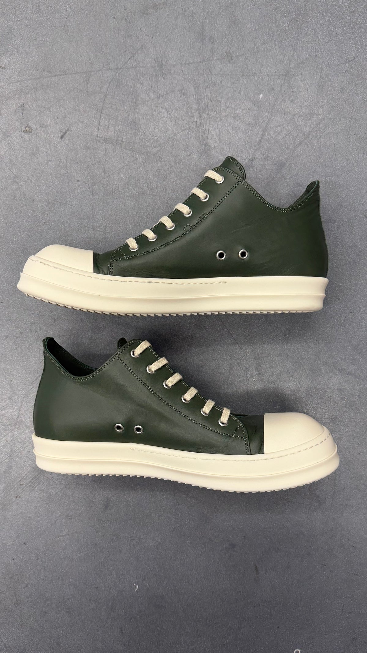 RICK OWENS LOW RAMONE LEATHER SNEAKERS - MOSS