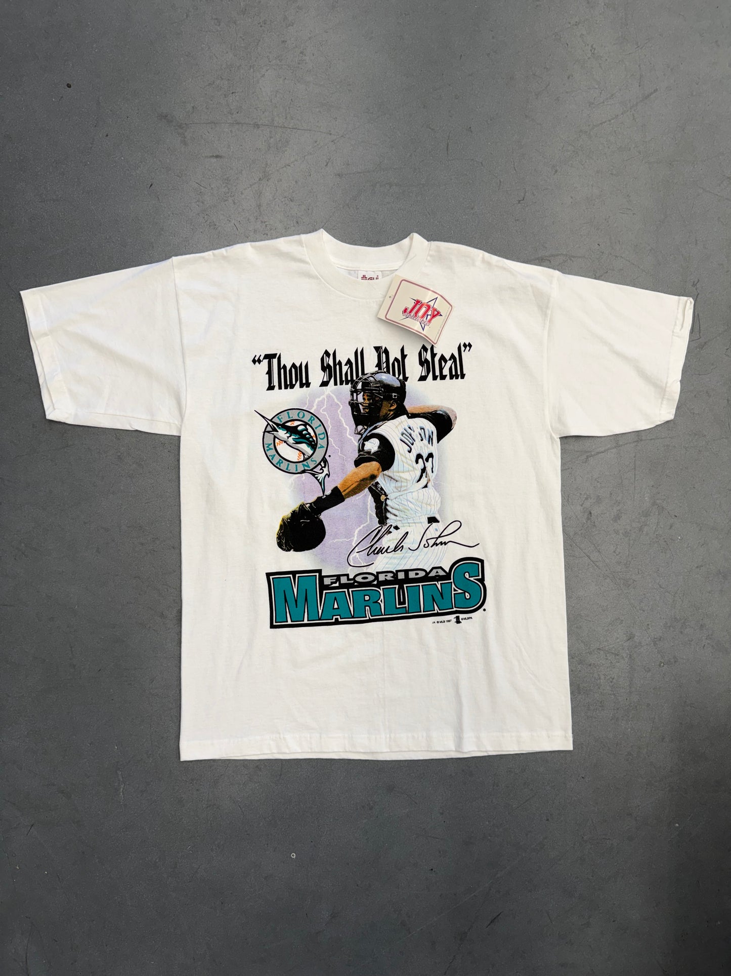 1997 FLORIDA MARLINS CHARLES JOHNSON "THOU SHALL NOT STEAL" TEE (TRY TAG) (NWT)