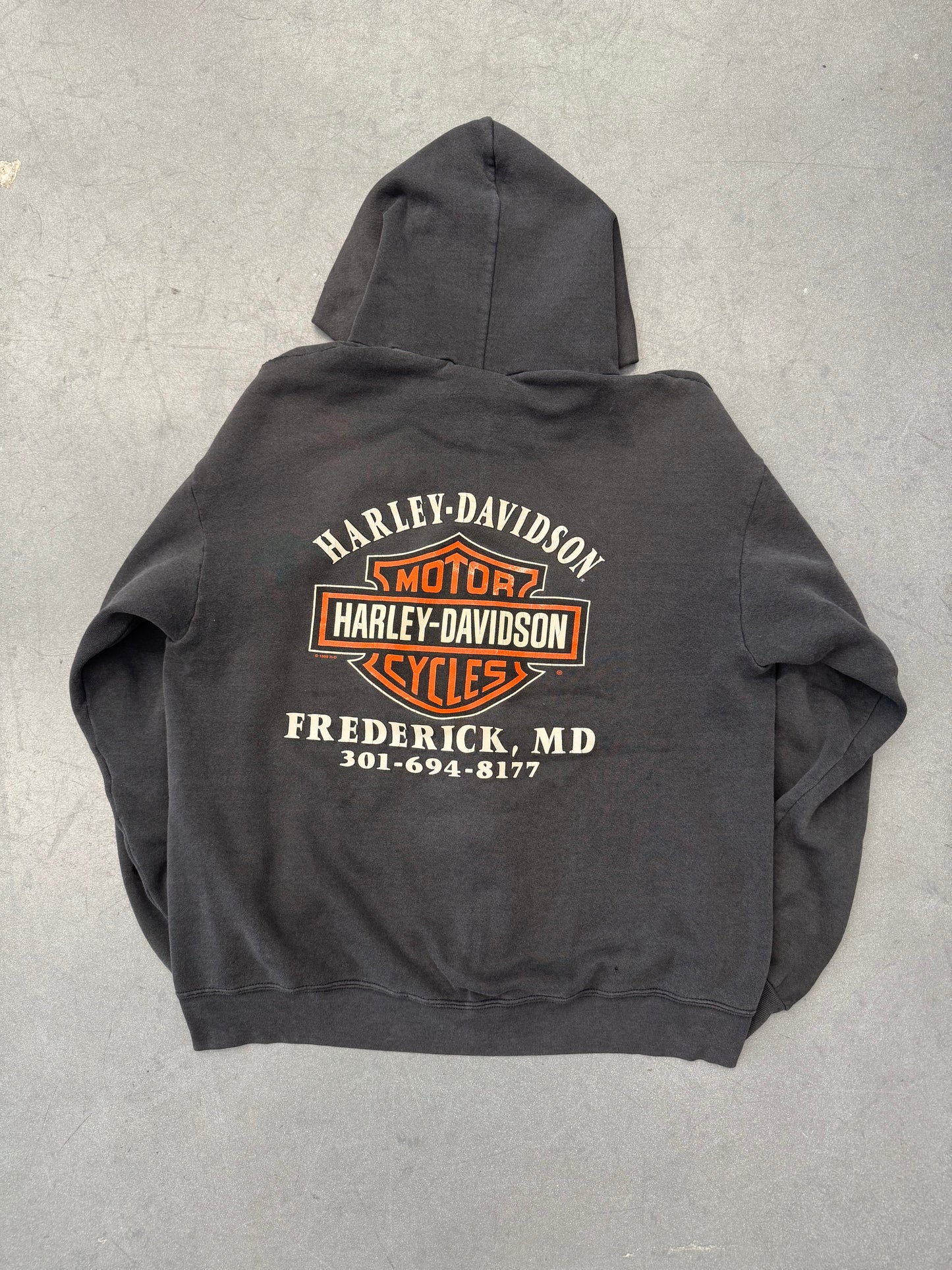 1999 HARLEY-DAVIDSON FLAME SLEEVE ZIP-UP FREDERICK, MD HOODIE (LEE TAG)