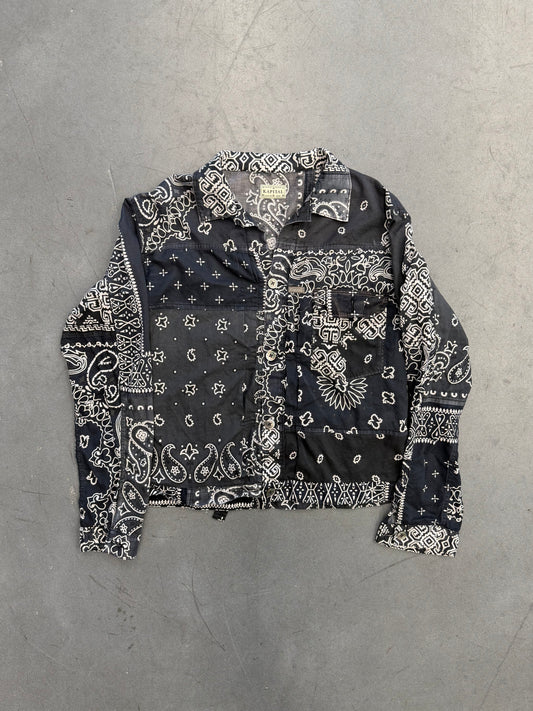 KAPITAL BLACK BANDANA-PRINT PATCHWORK COTTON BUTTON-UP LS SHIRT