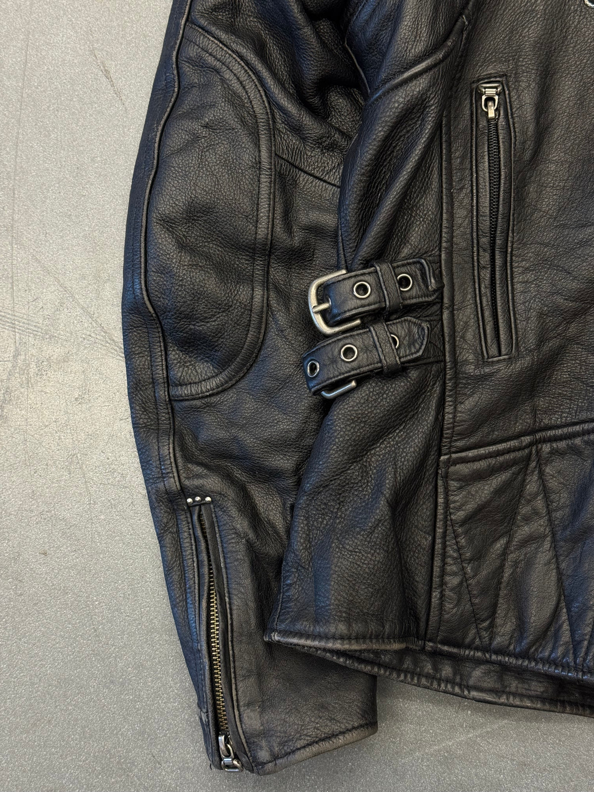 2012 HARLEY-DAVIDSON DOUBLE-BELTED WAIST STUDDED LOGO LEATHER JACKET