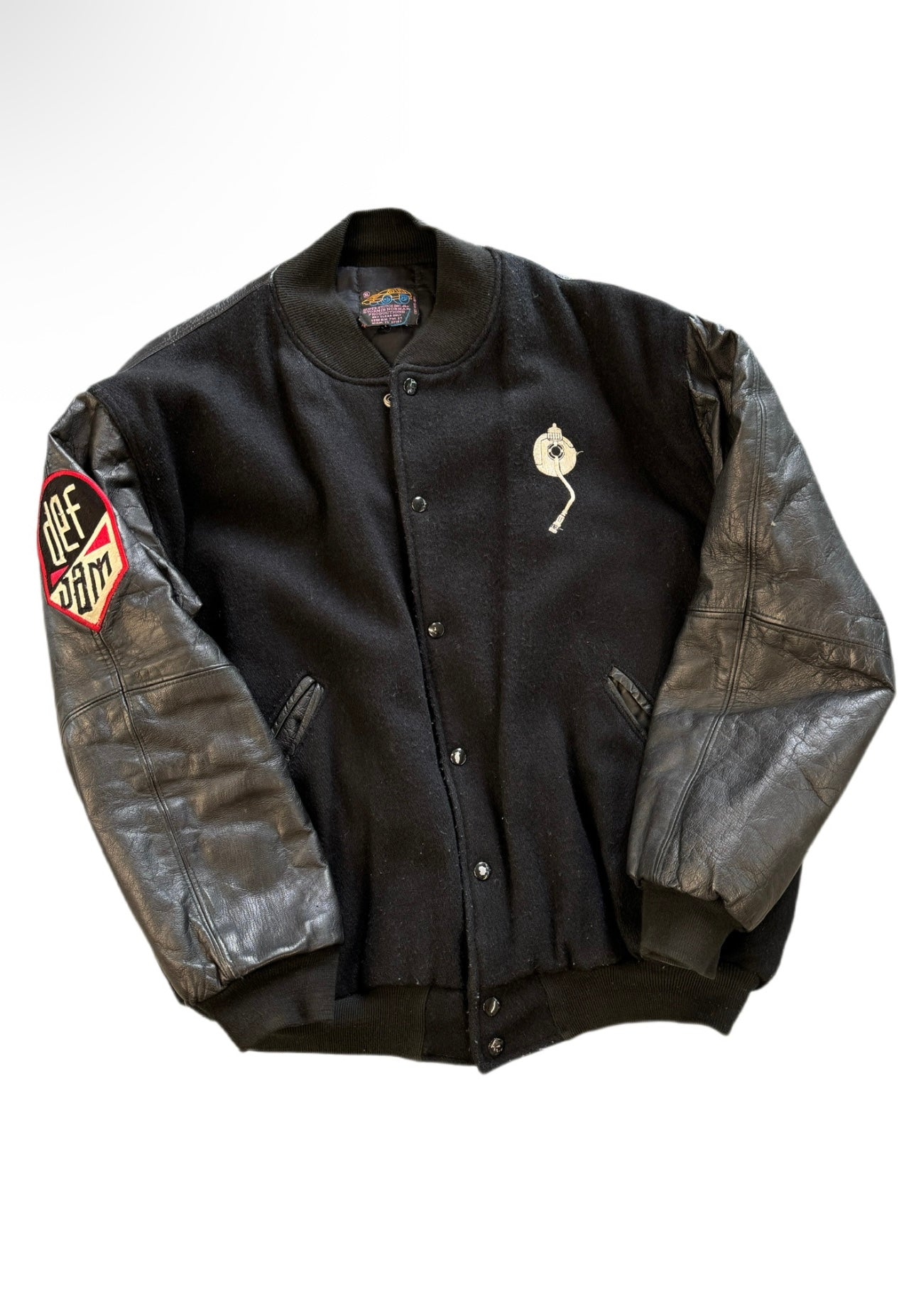 DEF JAM RECORDINGS EMBROIDRED NEEDLE LEATHER VARSITY JACKET