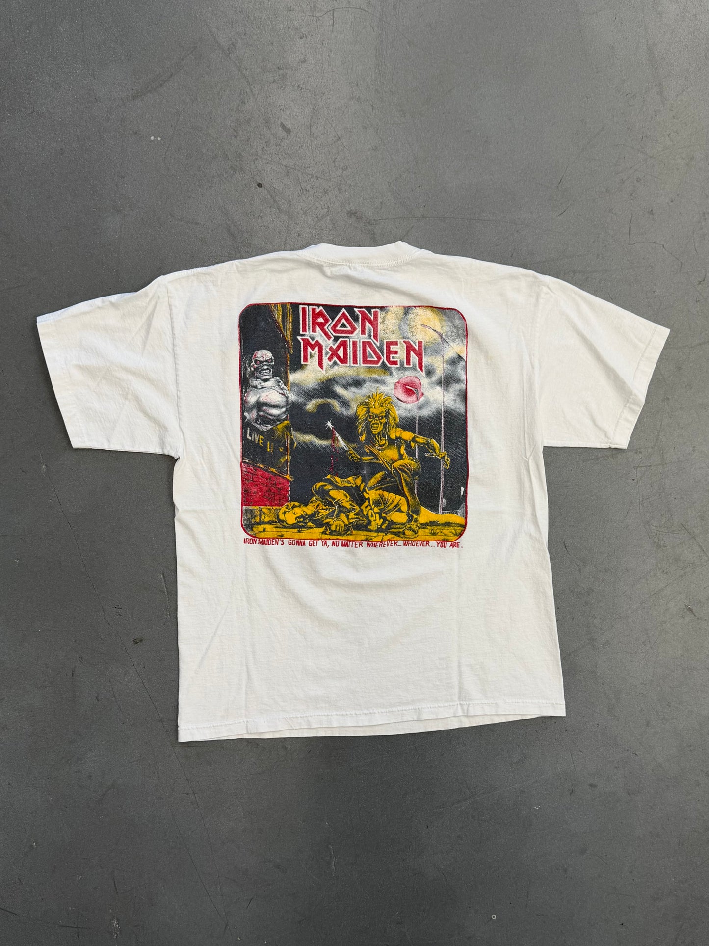 VINTAGE IRON MAIDEN BOOTLEG GONNA GET YA, NO MATTER WHEREVER... TEE (CUT TAG)