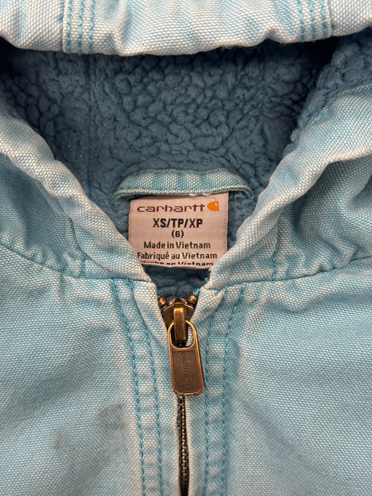 VINTAGE CARHARTT BABY BLUE CANVAS HOODED ZIP-UP JACKET (SHERPA LINED)
