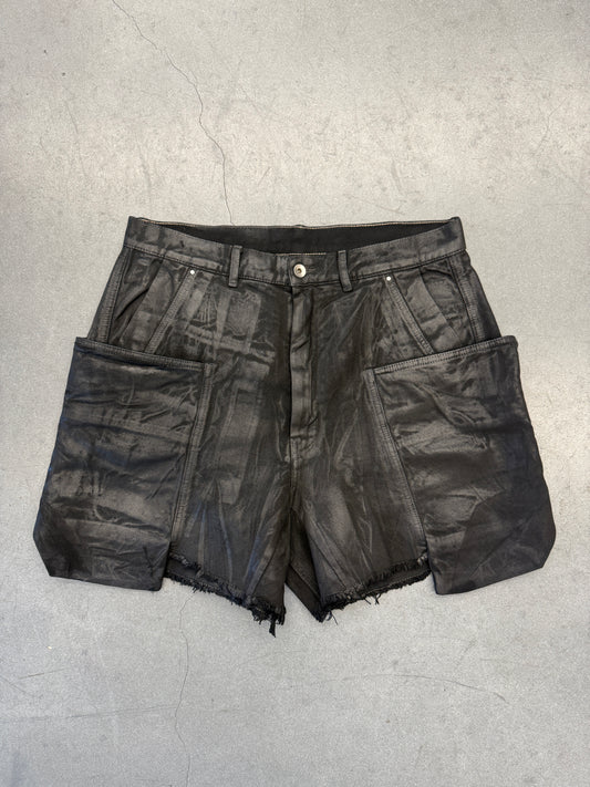 SS24 RICK OWENS LIDO STEFAN CARGO SHORTS - BLACK WAX COATED DENIM