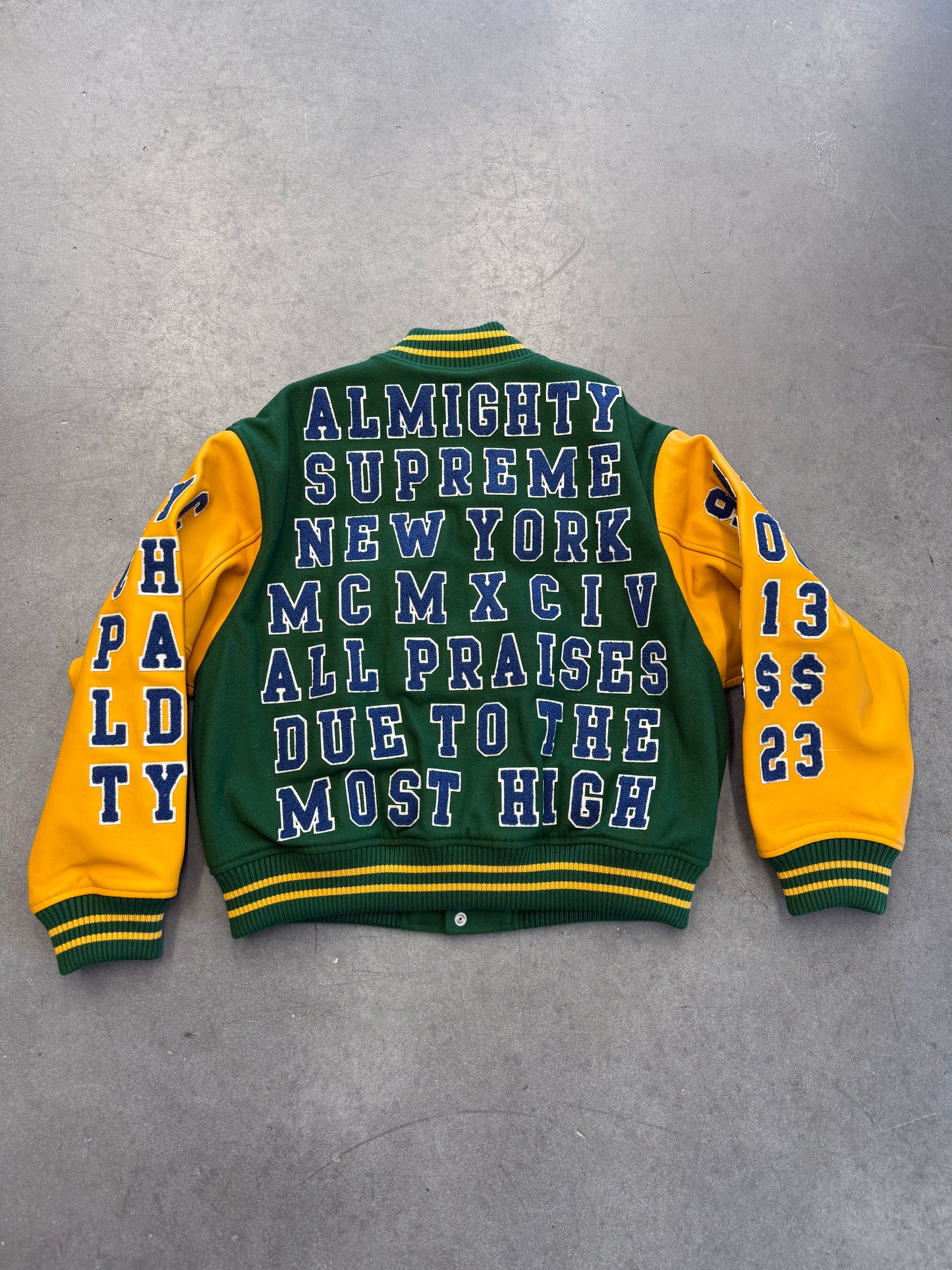 SS25 SUPREME PRAISES VARSITY JACKET - GREEN/YELLOW (NEW)