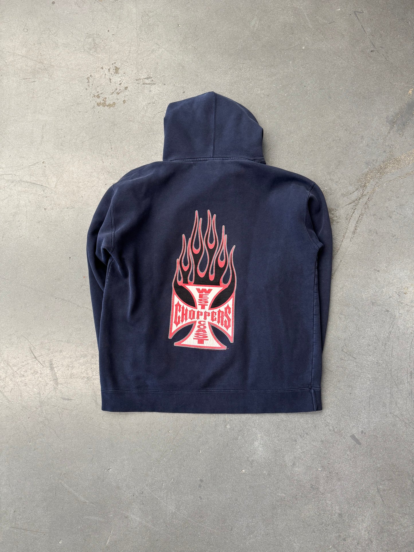 90S WEST COAST CHOPPERS JESSE JAMES GRAFFITI LOGO FLAMING IRON CROSS PULLOVER HOODIE (IRON CROSS TAG)