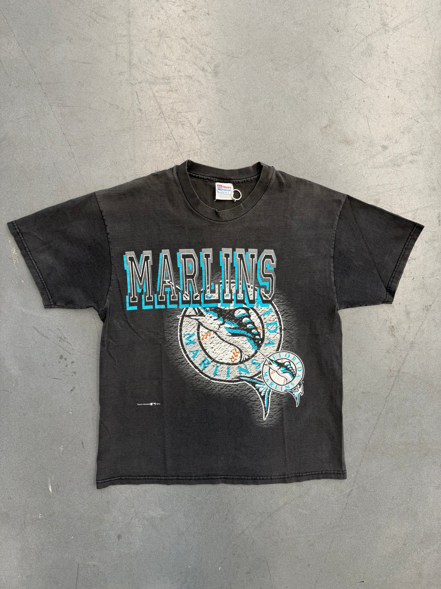 1997 FLORIDA MARLINS DOUBLE LOGO SPELLOUT TEE (HANES HEAVYWEIGHT TAG)