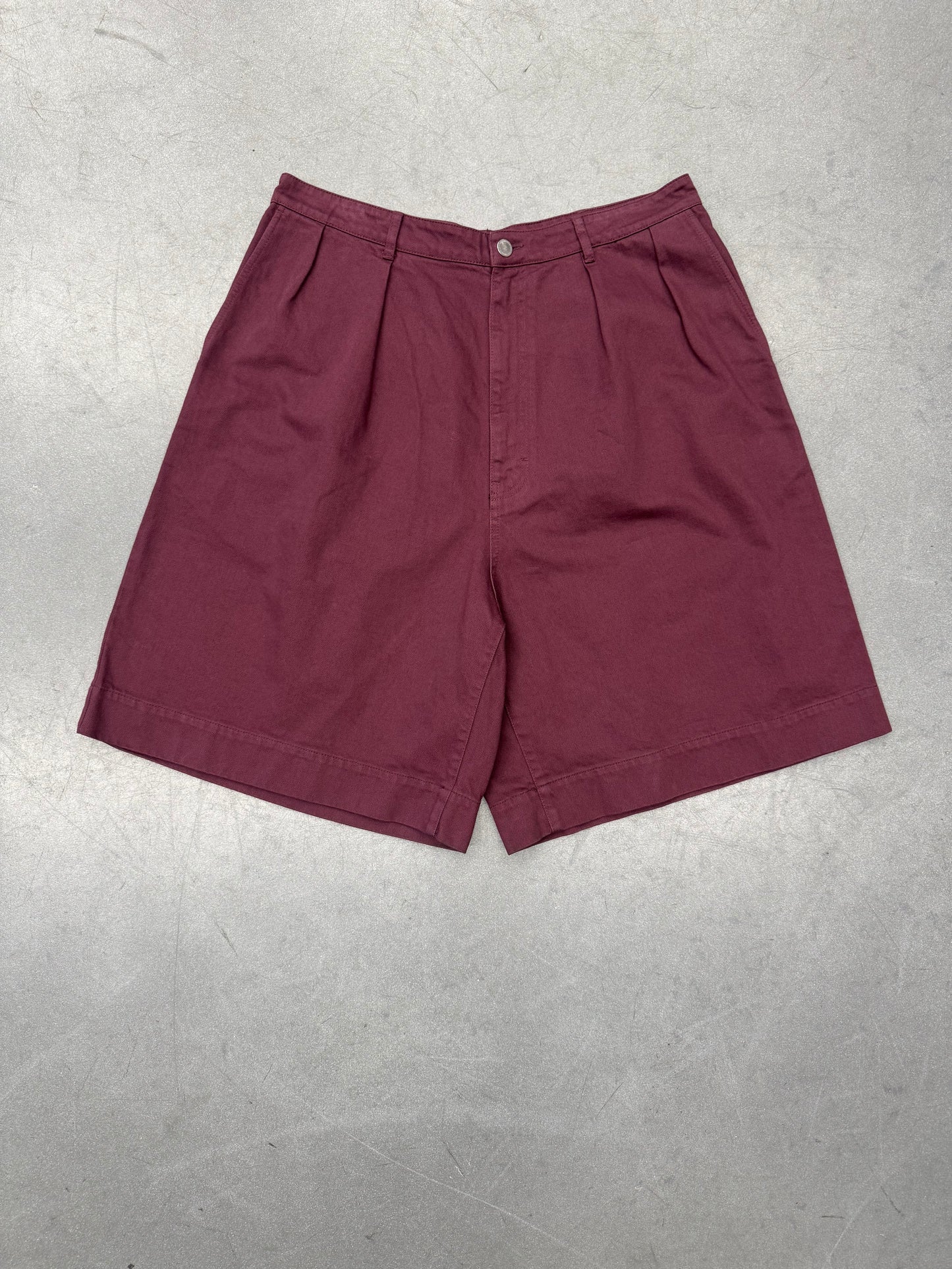 SS22 RAF SIMONS DOUBLE PLEATED WIDE DENIM SHORTS - BURGUNDY