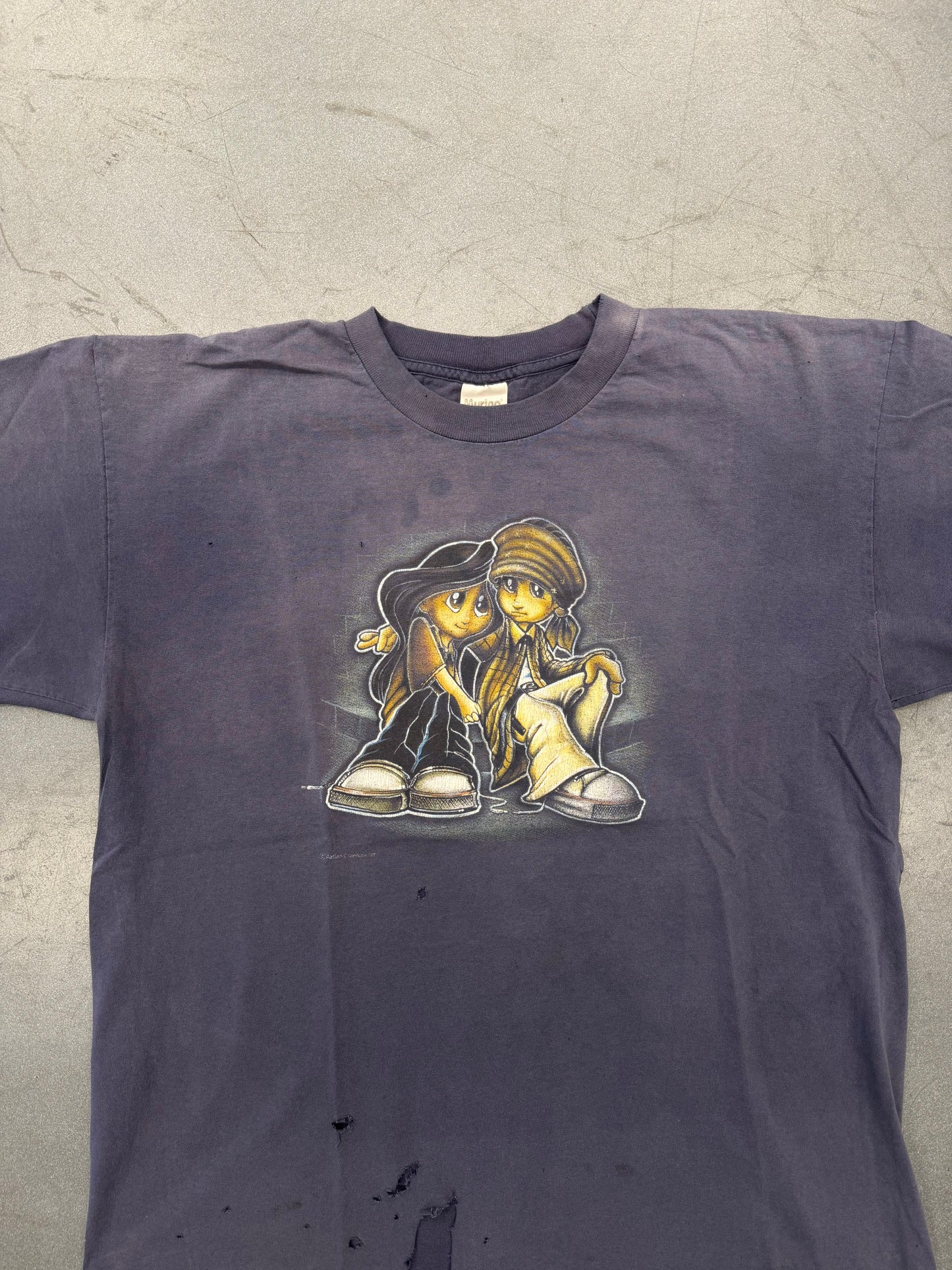1997 AZTLAN CARTOON GUY AND GIRL THRASHED TEE  (MURINA TAG)