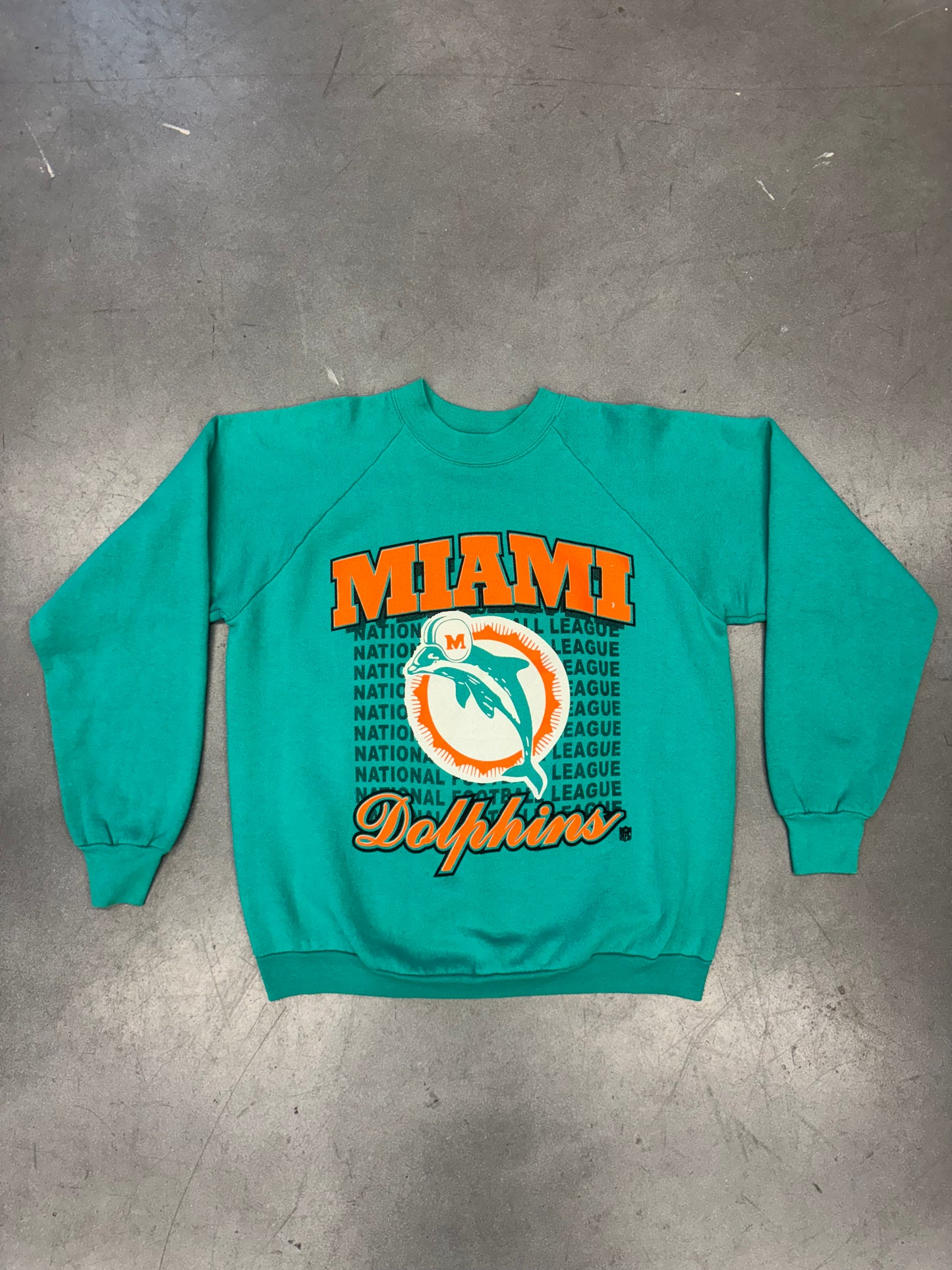 90S MIAMI DOLPHINS NATIONAL FOOTBALL LEAGUE REPEAT PRINT CREWNECK (FOTL TAG)