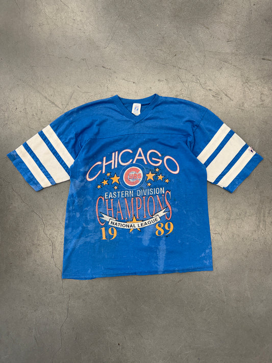 1989 CHICAGO CUBS EASTERN DIVISION CHAMPIONS STRIPED SLEEVE TEE (LOGO 7 TAG)