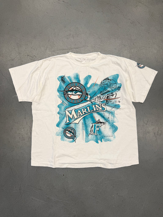 ‘90S FLORIDA MARLINS PUFF PRINT SWINGING BAT + SLEEVE HIT TEE (FADED TAG)