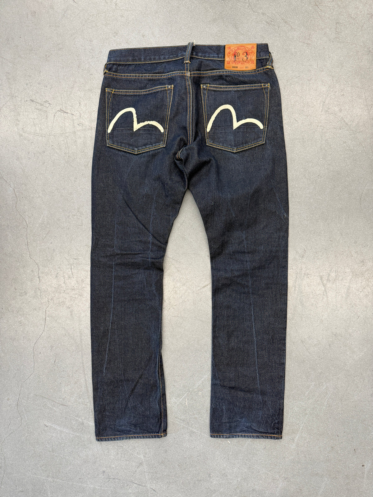 2010 EVISU DIACOCK LOGO POCKET DARK INDIGO JEANS