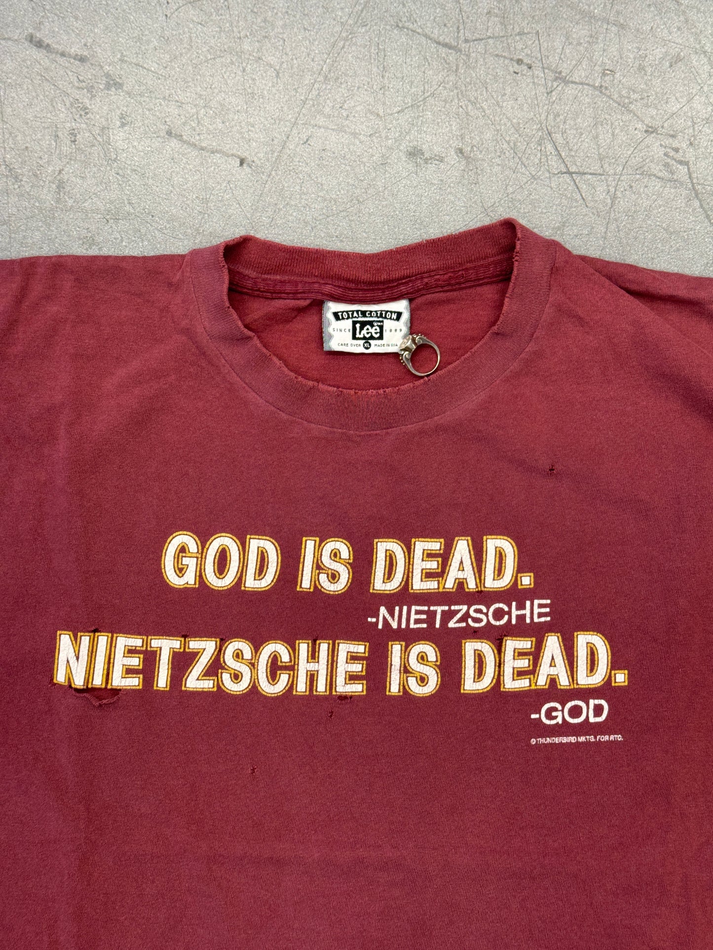 90S "GOD IS DEAD - NIETZSCHE" "NIETZSCHE IS DEAD - GOD" TEE (LEE TAG)