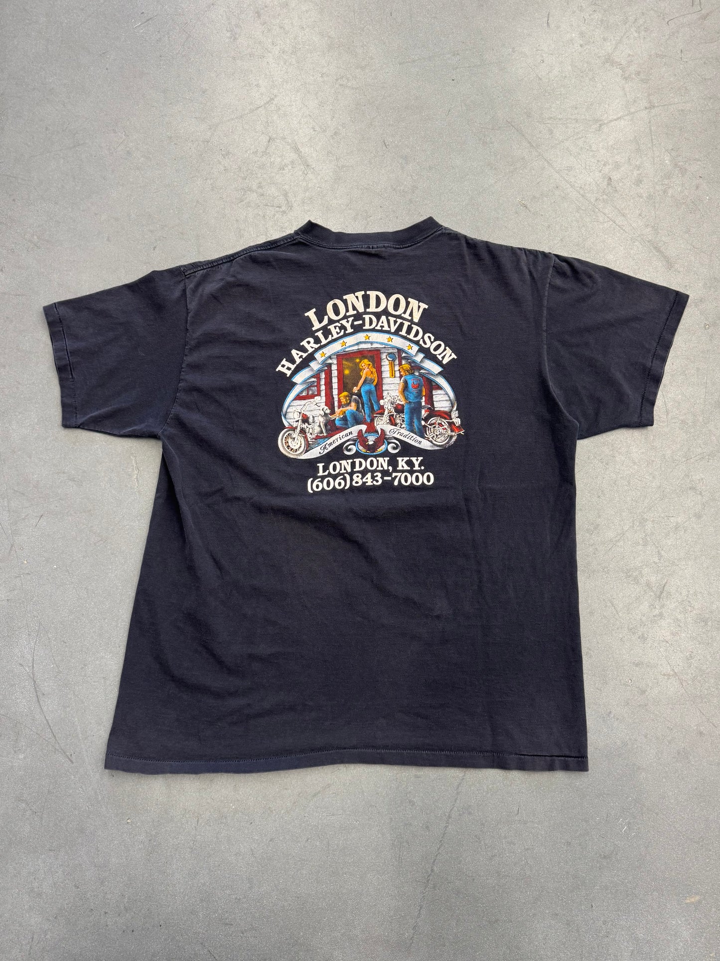 1988 WILD BREED HARLEY DAVIDSON, LONDON 3D EMBLEM TEE (ROYAL FIRST CLASS  TAG)
