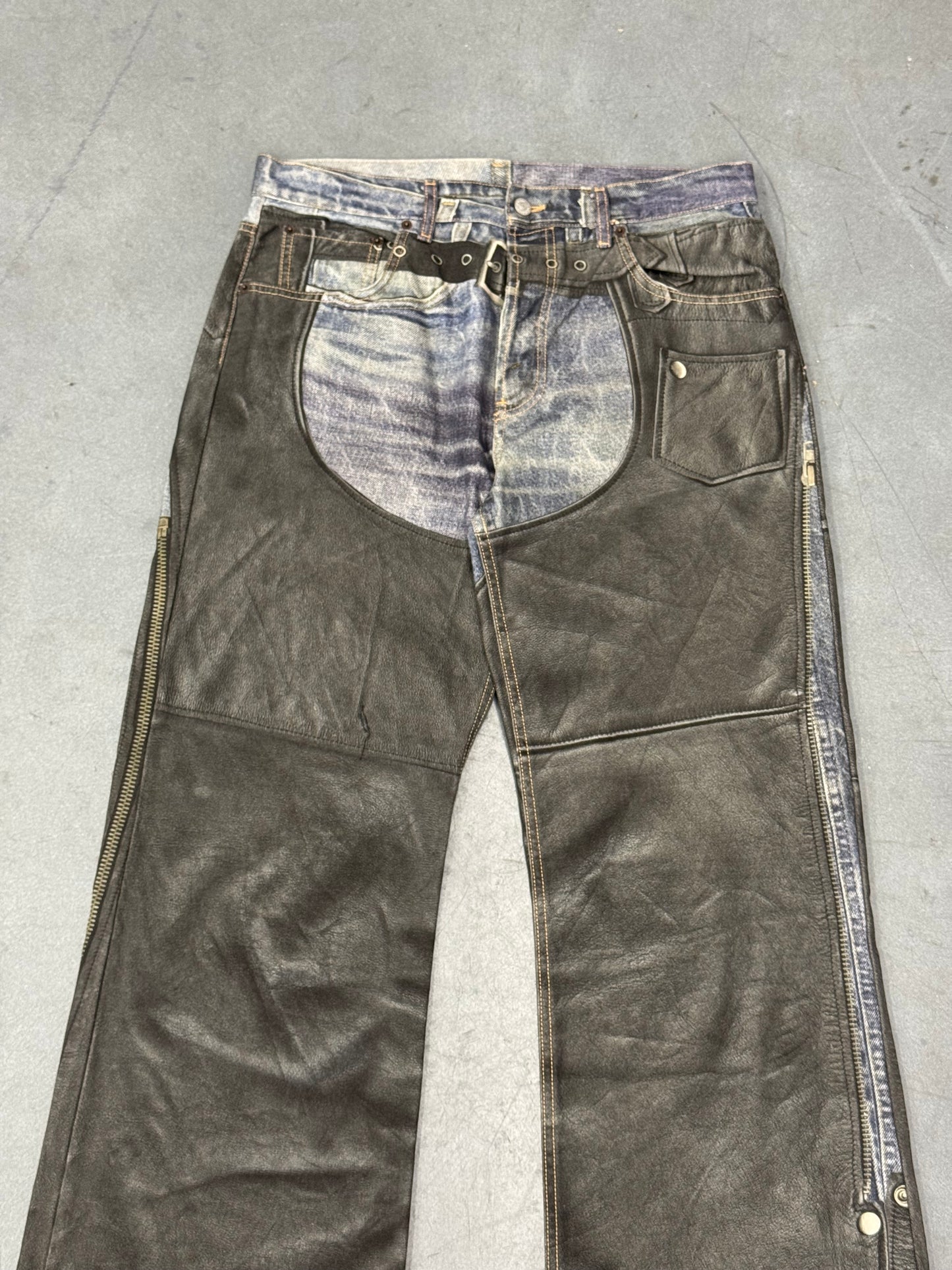 ACNE STUDIOS LEATHER CHAPS PRINTED JEANS