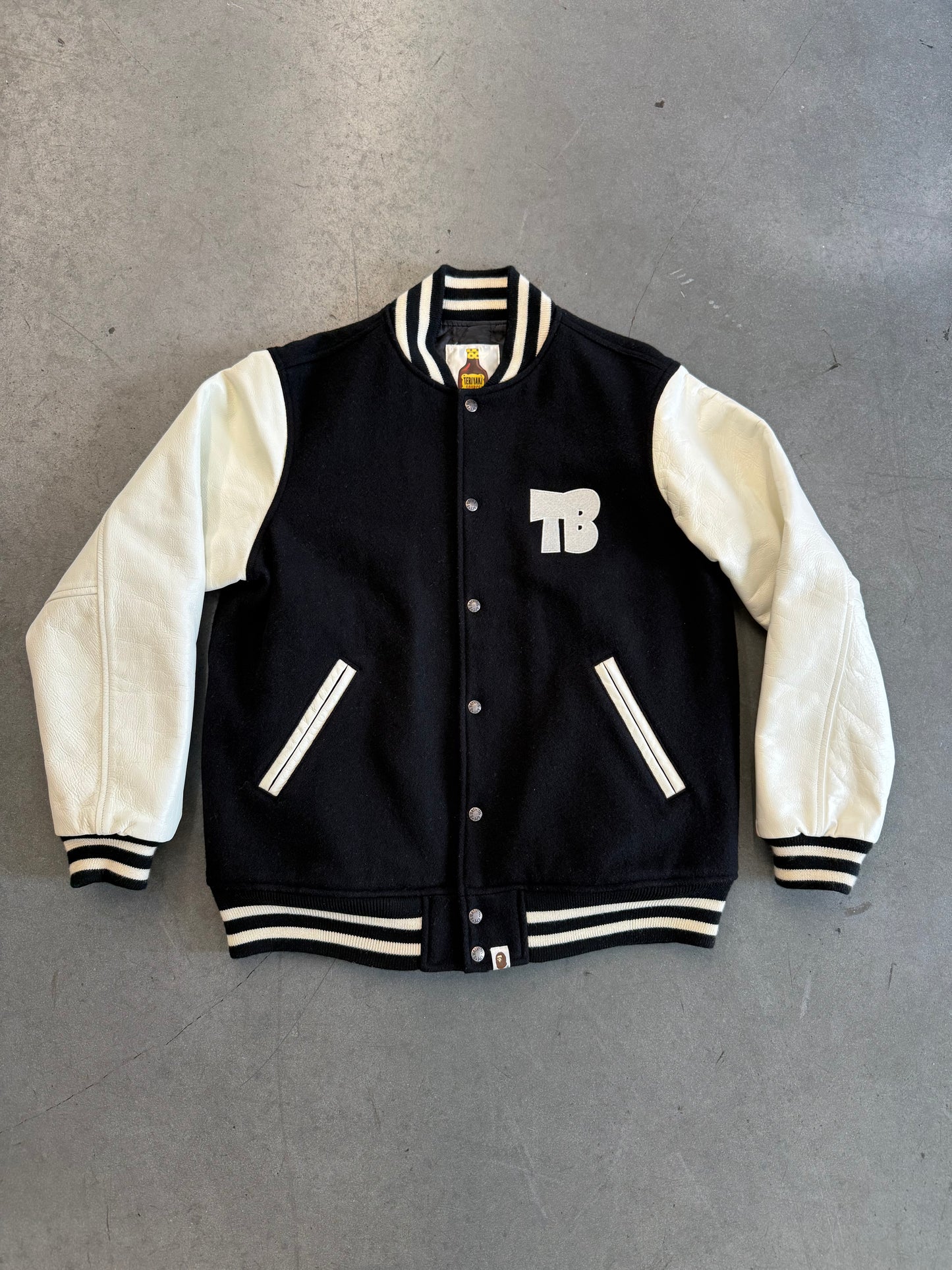 2008 A BATHING APE BAPE TERIYAKI BOYS LEATHER VARSITY JACKET (XL) (LIGHT PRE-OWNED WITH BAG)