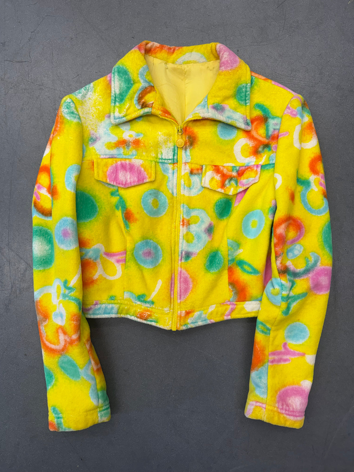 1996 GIANNI VERSACE YELLOW GRAFFITI FLORAL PRINT TERRY COTTON JACKET