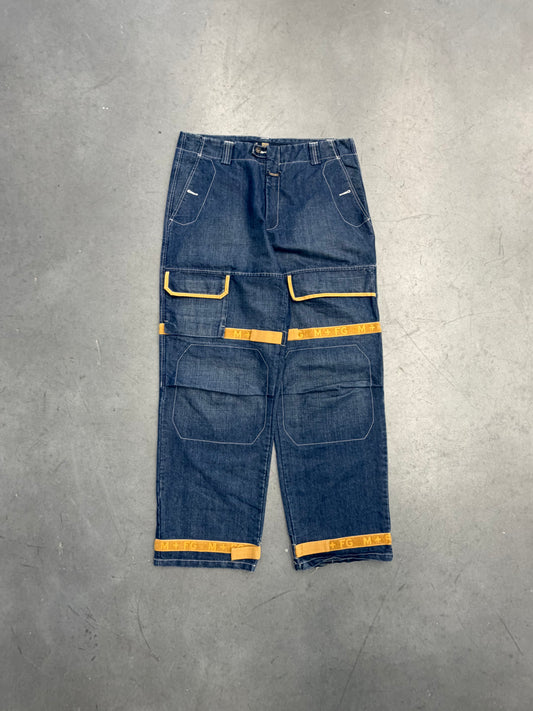 VINTAGE MARITHE FRANCOIS GIRBAUD SHUTTLE STRAP DENIM JEANS - MUSTARD STRAPS (38)