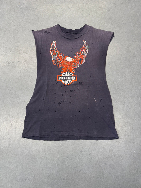 80S HARLEY-DAVIDSON HOUSTON, TEXAS "I'D RATHER PUSH MY HARLEY-DAVIDSON" DISTRESSED CUTOFF TEE (PULLED TAG)