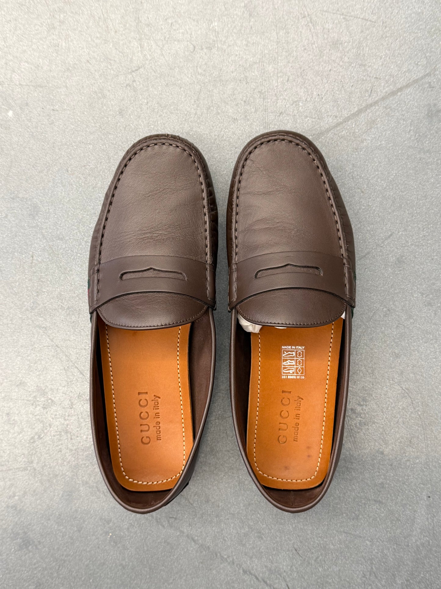 GUCCI WEB LEATHER DRIVER LOAFERS - BROWN (PRE-OWNED WITH BOX)