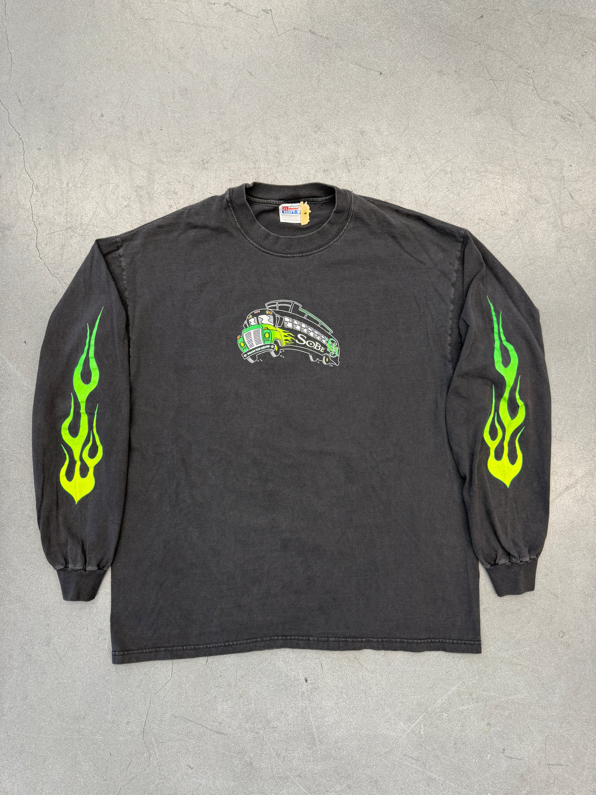 1999 SOBE THE LIZARD LOVE BUS. GREEN FLAME LONG SLEEVE TEE (HANES BEEFY-T TAG)