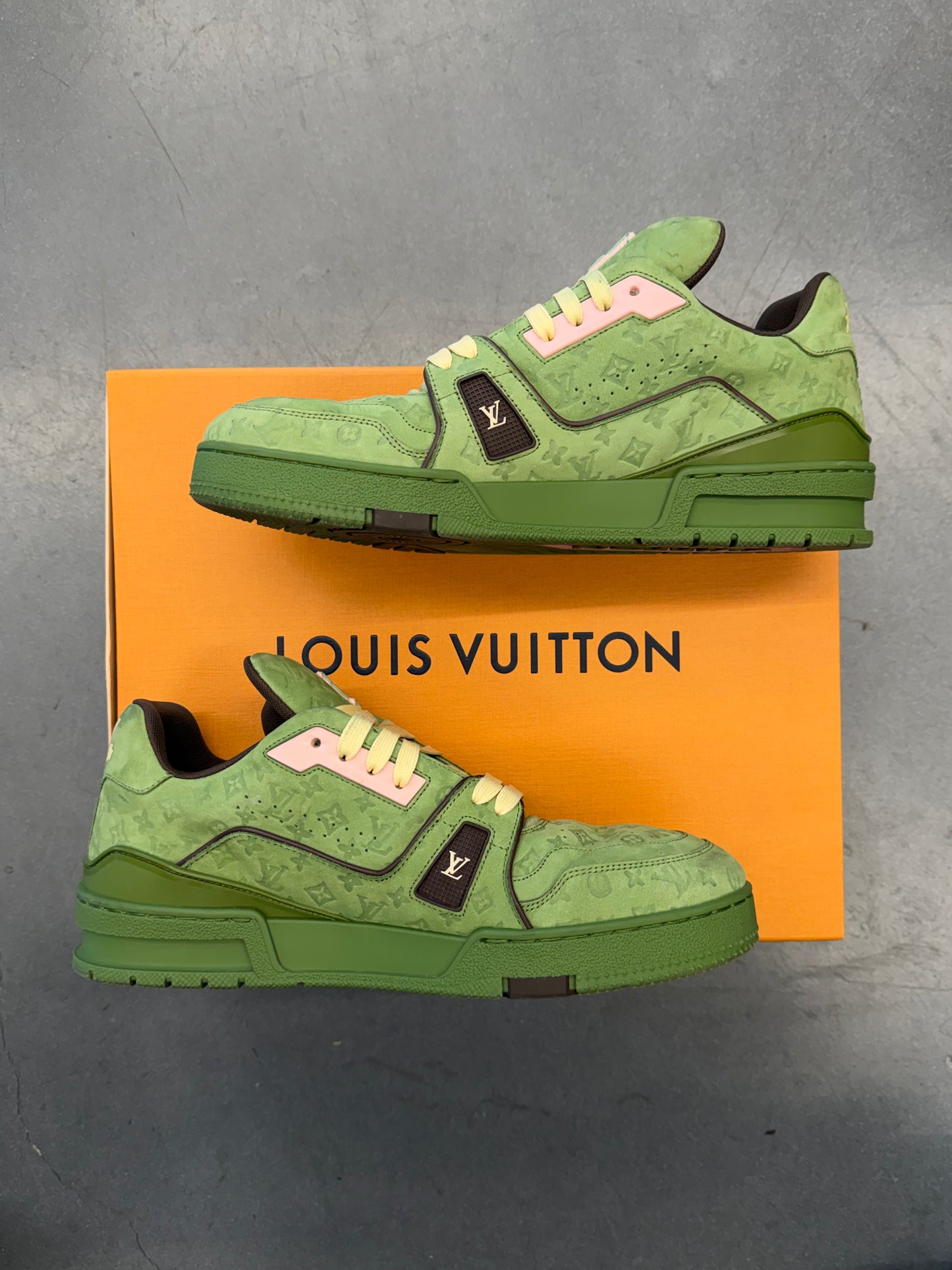 SS24 SIZE 7.5 LV LOUIS VUITTON BY TYLER THE CREATOR TRAINER - GREEN (PRE-OWNED WITH BOX)