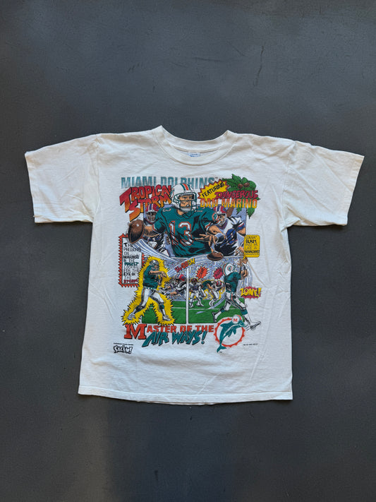 1993 MIAMI DOLPHINS TROPICAL STORM DAN MARINO CARICATURE COMIC SERIES TEE (SALEM SPORTSWEAR TAG)