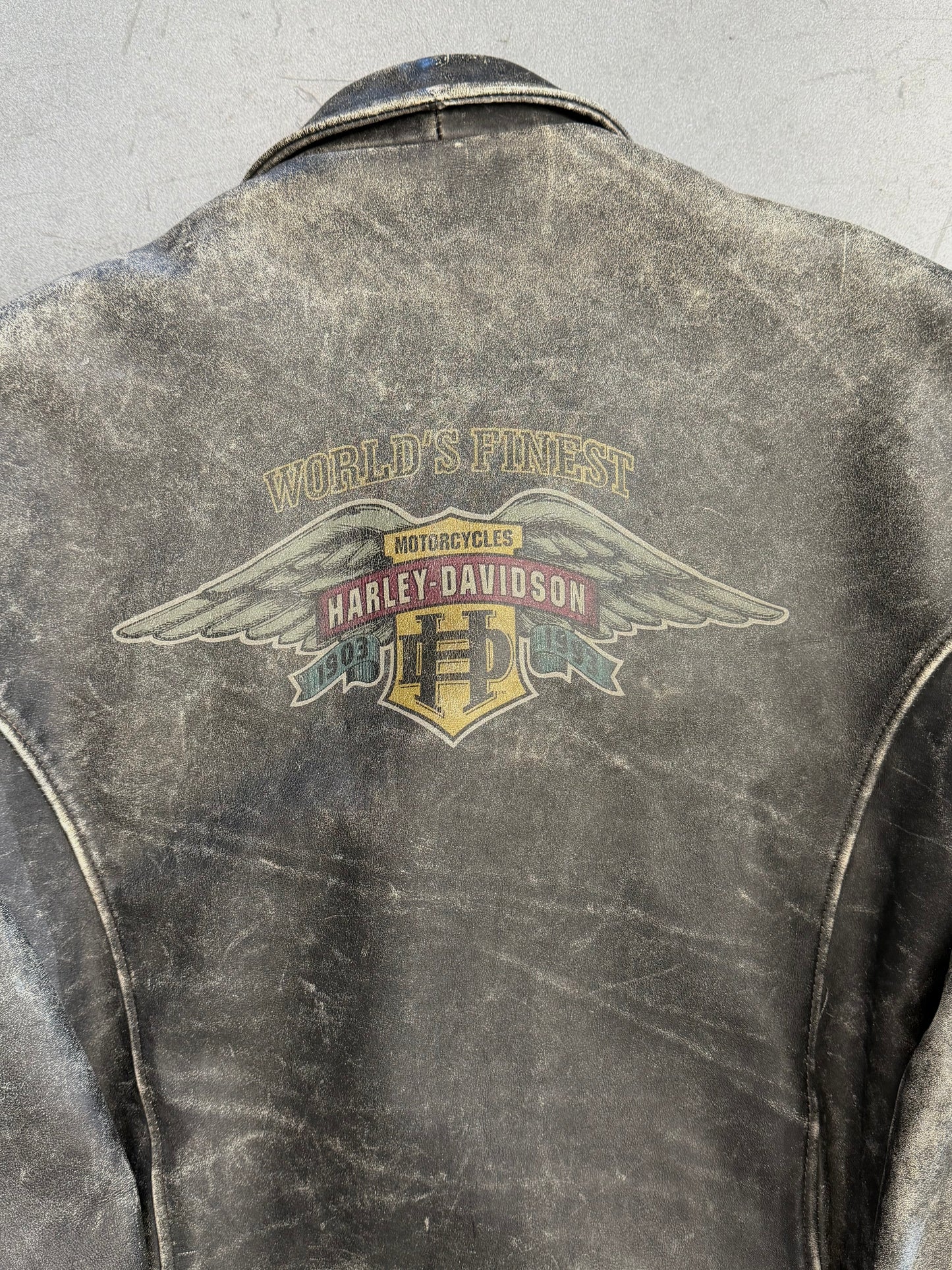 1993 HARLEY-DAVIDSON 90TH ANNIVERSARY "WORLD'S FINEST" ZIP UP LEATHER JACKET WITH PINS