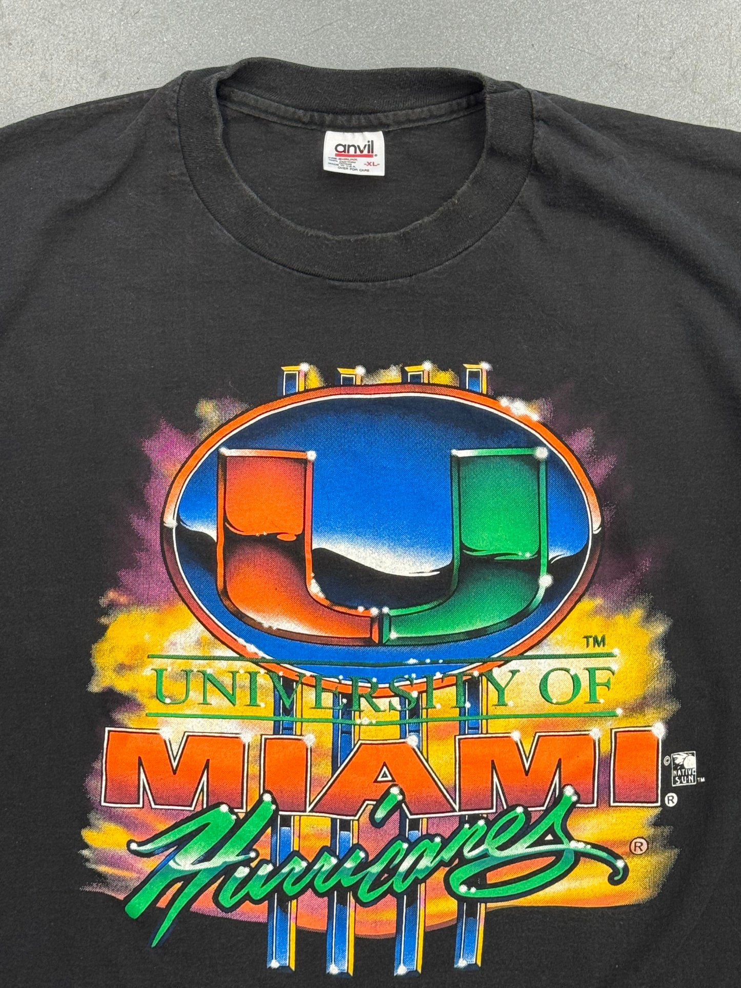 90S NATIVE SUN UNIVERSITY OF MIAMI SUNSET SIGN TEE (ANVIL TAG)