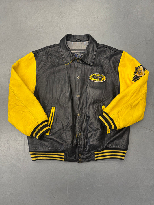 90S WU-TANG WU WEAR KILLAH BEEZ LEATHER VARSITY JACKET - BLACK/YELLOW