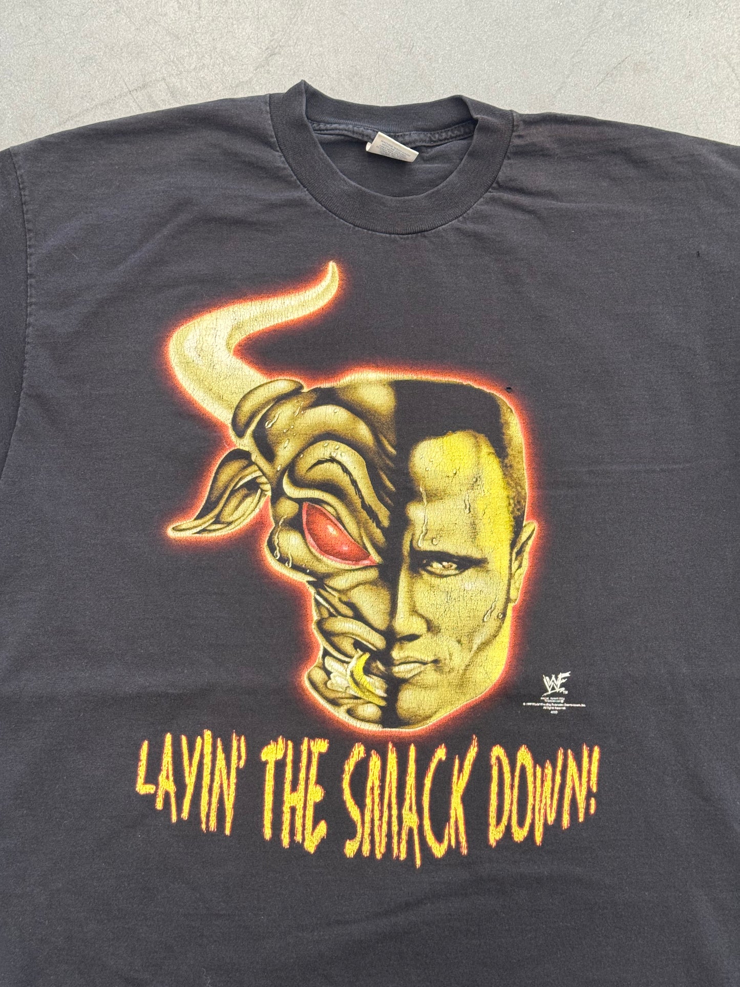 1999 WWF THE ROCK LAYIN' THE SMACK DOWN! "ON YOUR ROODY POO CANDY ASS" TEE (AAA TAG)
