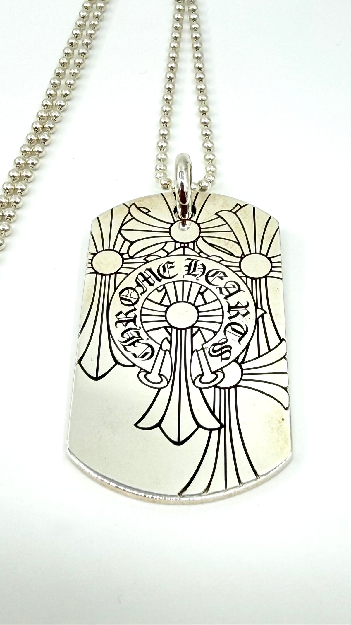 CHROME HEARTS GOD BLESS THE WORLD SILVER DOG TAG WITH 30 INCH SILVER BALL CHAIN