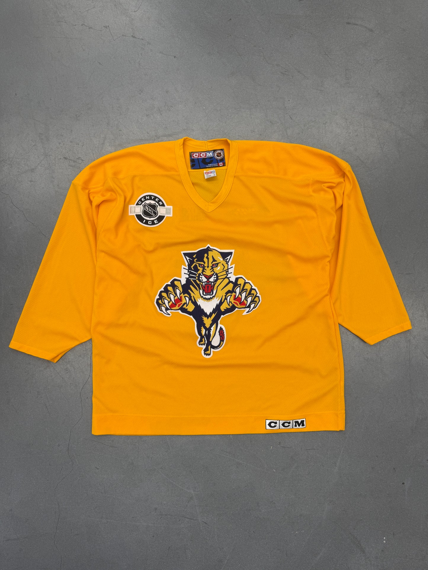 90S NHL FLORIDA PANTHERS CCM CENTER ICE YELLOW BUD LIGHT PARTY ZONE HOCKEY JERSEY