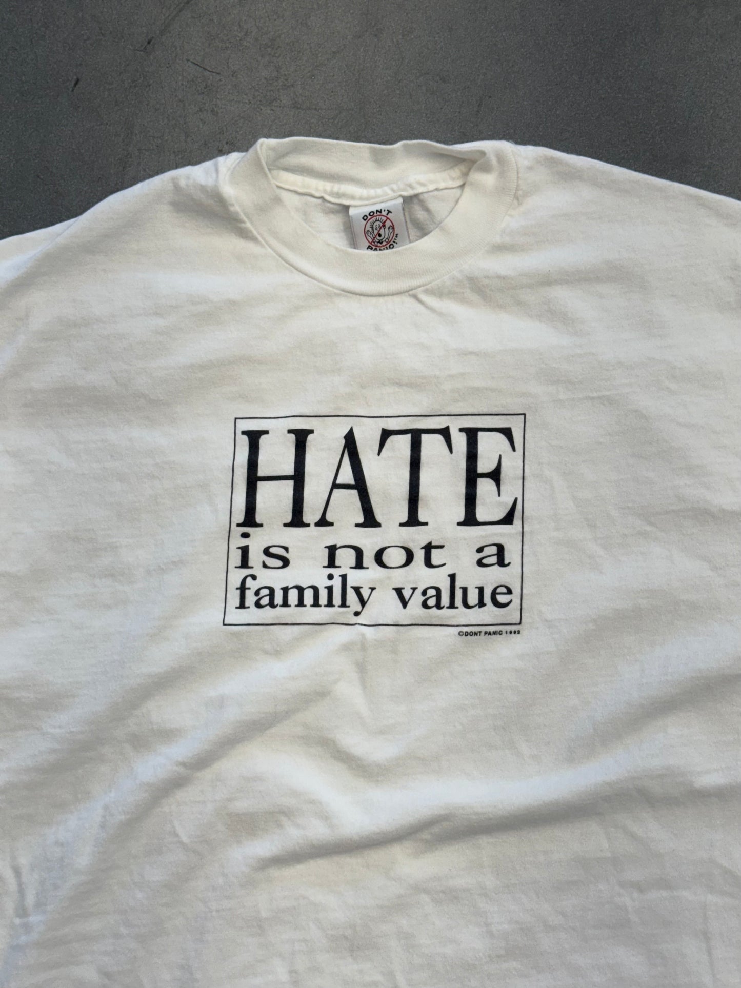 1992 DON'T PANIC! "HATE IS NOT A FAMILY VALUE" TEE