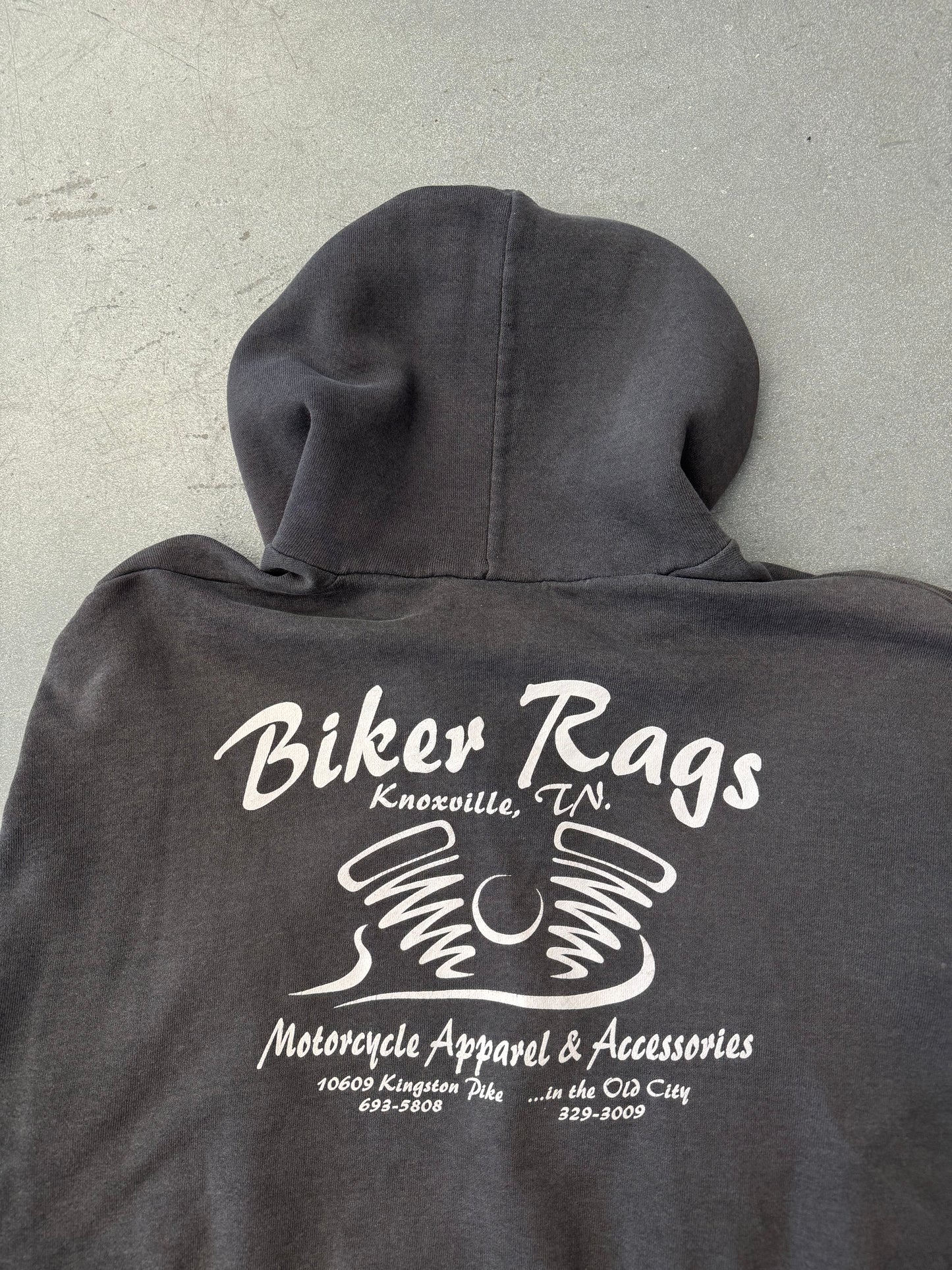 90S BIKER RAGS KNOXVILLE, TN. FLAME-SLEEVES ZIP-UP HOODIE (CUT TAGS) (BROKEN ZIPPER)