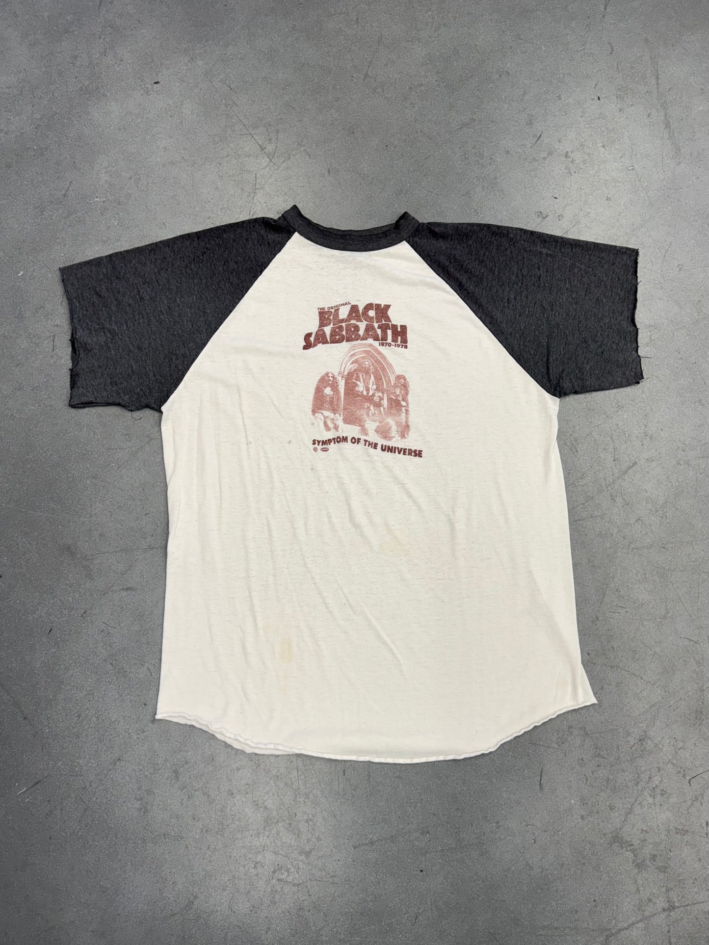 80S "THE ORIGINAL BLACK SABBATH 1970-1978" SYMPTOM OF THE UNIVERSE CUT-TO-SHORT SLEEVE TEE (PULLED TAG)