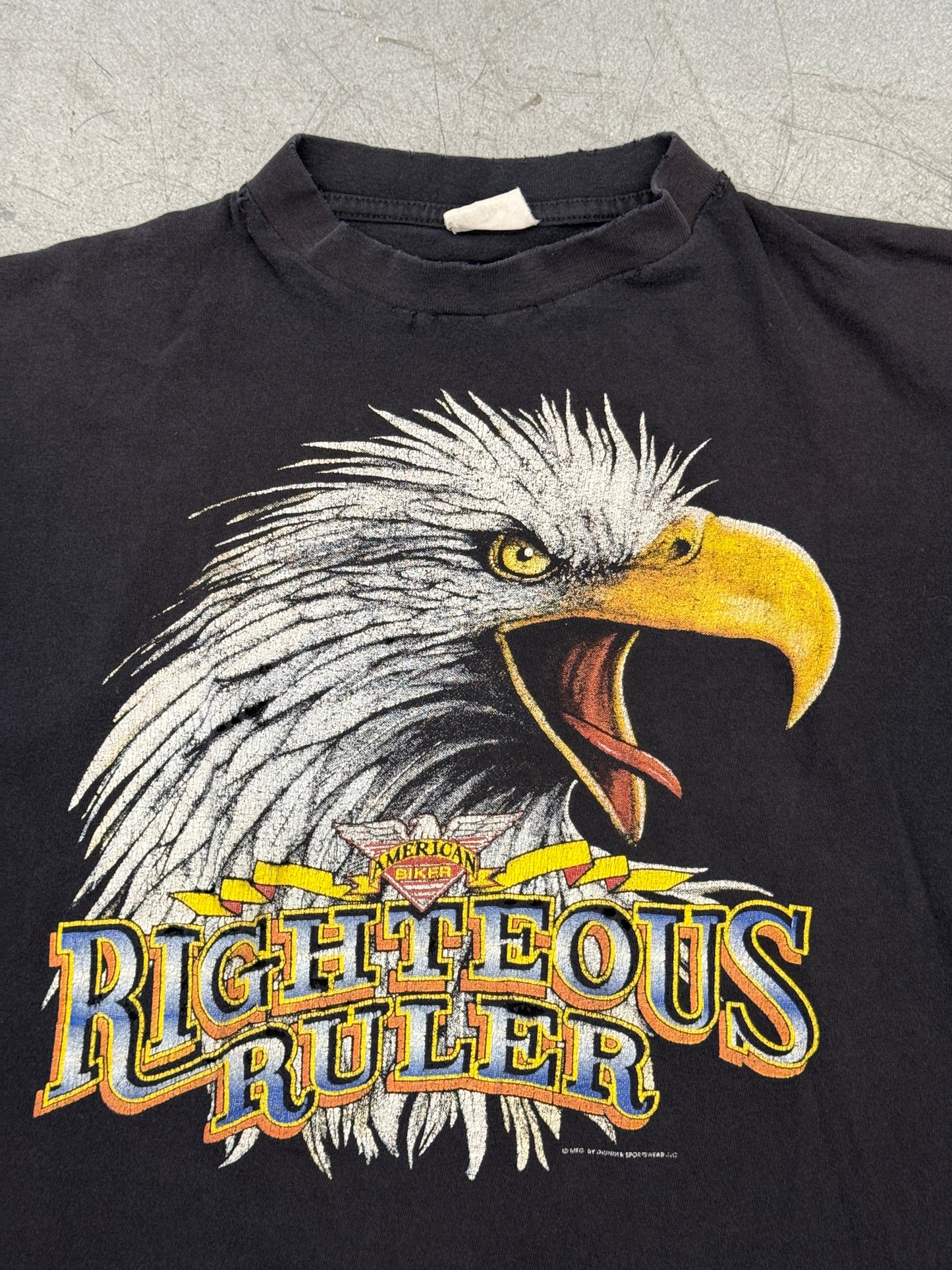 80S AMERICAN BIKER RIGHTEOUS RULER EAGLE HEAD CUT OFF TEE (FADED TAG)