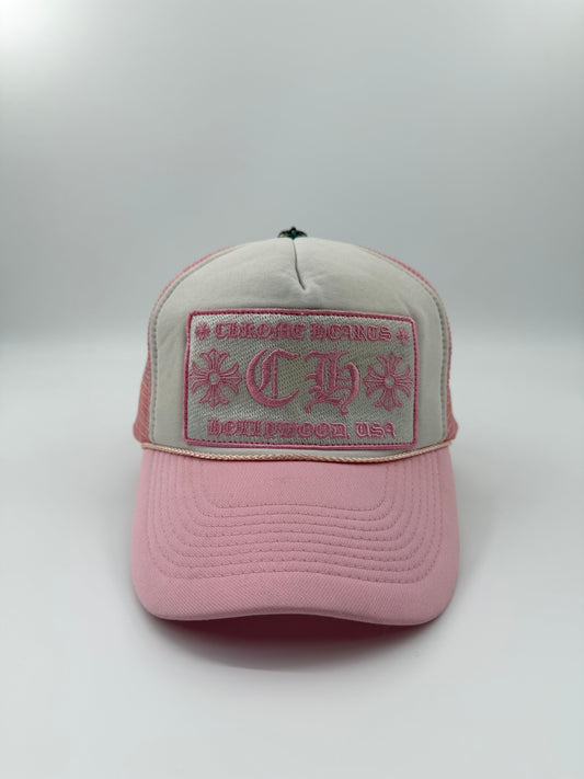 2008-10 CHROME HEARTS CH HOLLYWOOD, USA TRUCKER HAT - SHY PINK/WHITE