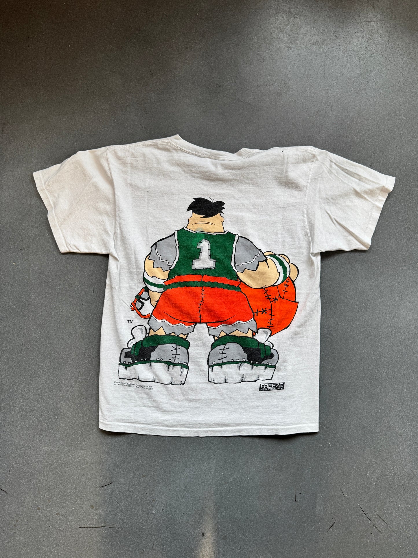 1994 MIAMI HURRICANES FRED FLINSTONE BASKETBALL FREEZE TEE (TULTEX TAG)