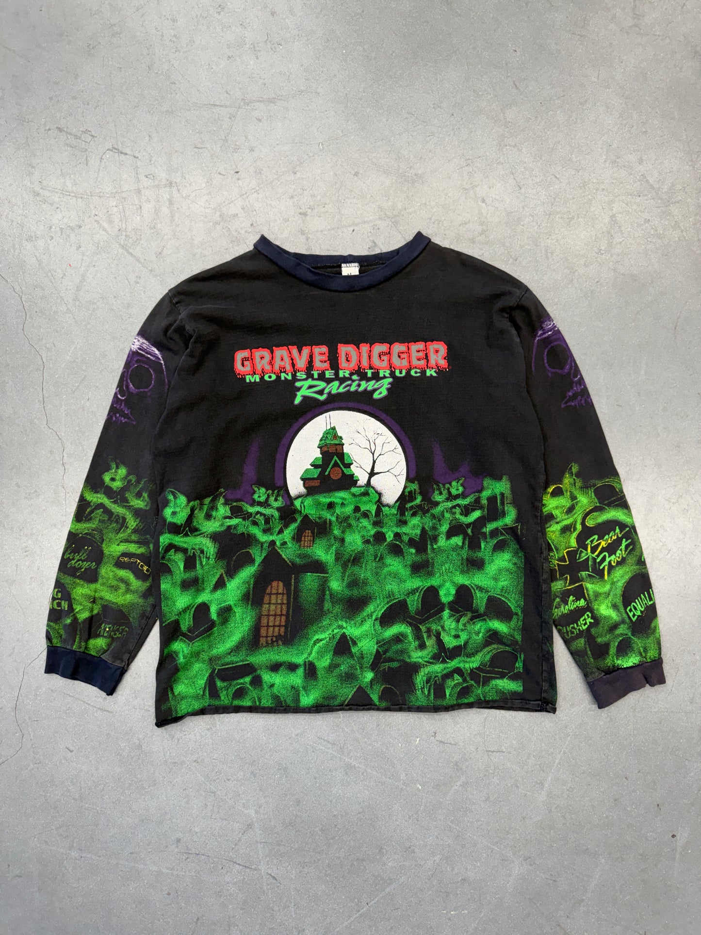 90S GRAVE DIGGER MONSTER TRUCK RACING AOP GRAVEYARD LS TEE (MADE IN USA TAG)