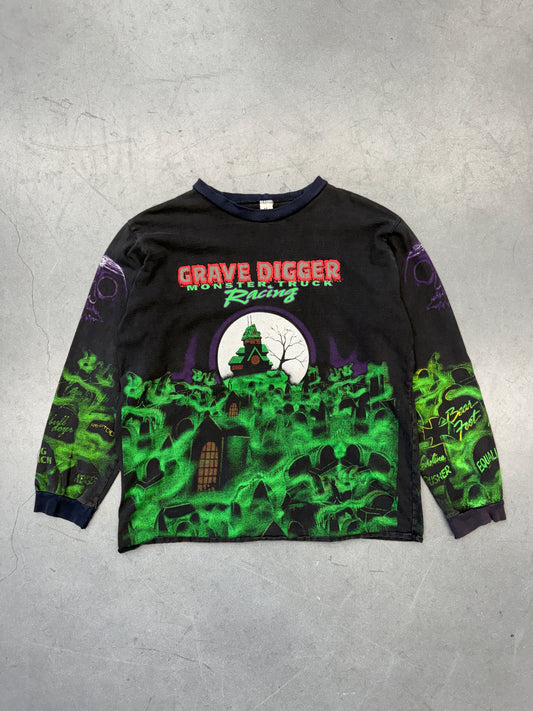 90S GRAVE DIGGER MONSTER TRUCK RACING AOP GRAVEYARD LS TEE (MADE IN USA TAG)
