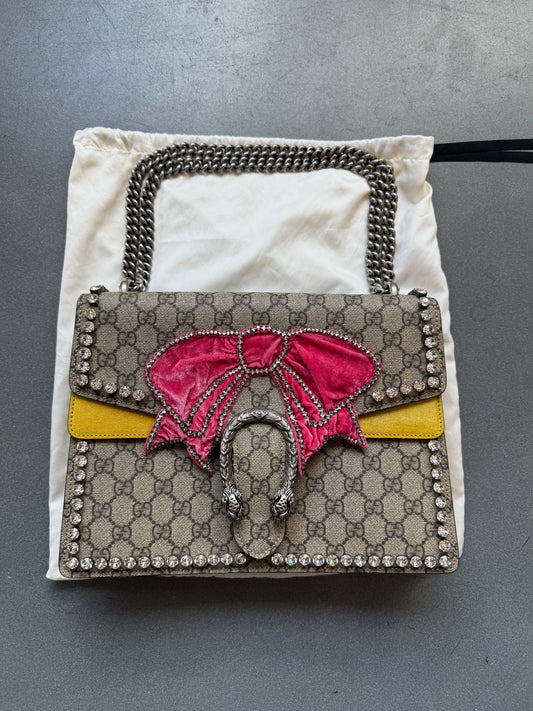 GUCCI DIONYSUS CRYSTAL PINK BOW HANDBAG - GG-SUPREM (PRE-OWNED WITH DUSTBAG) (TANIA)