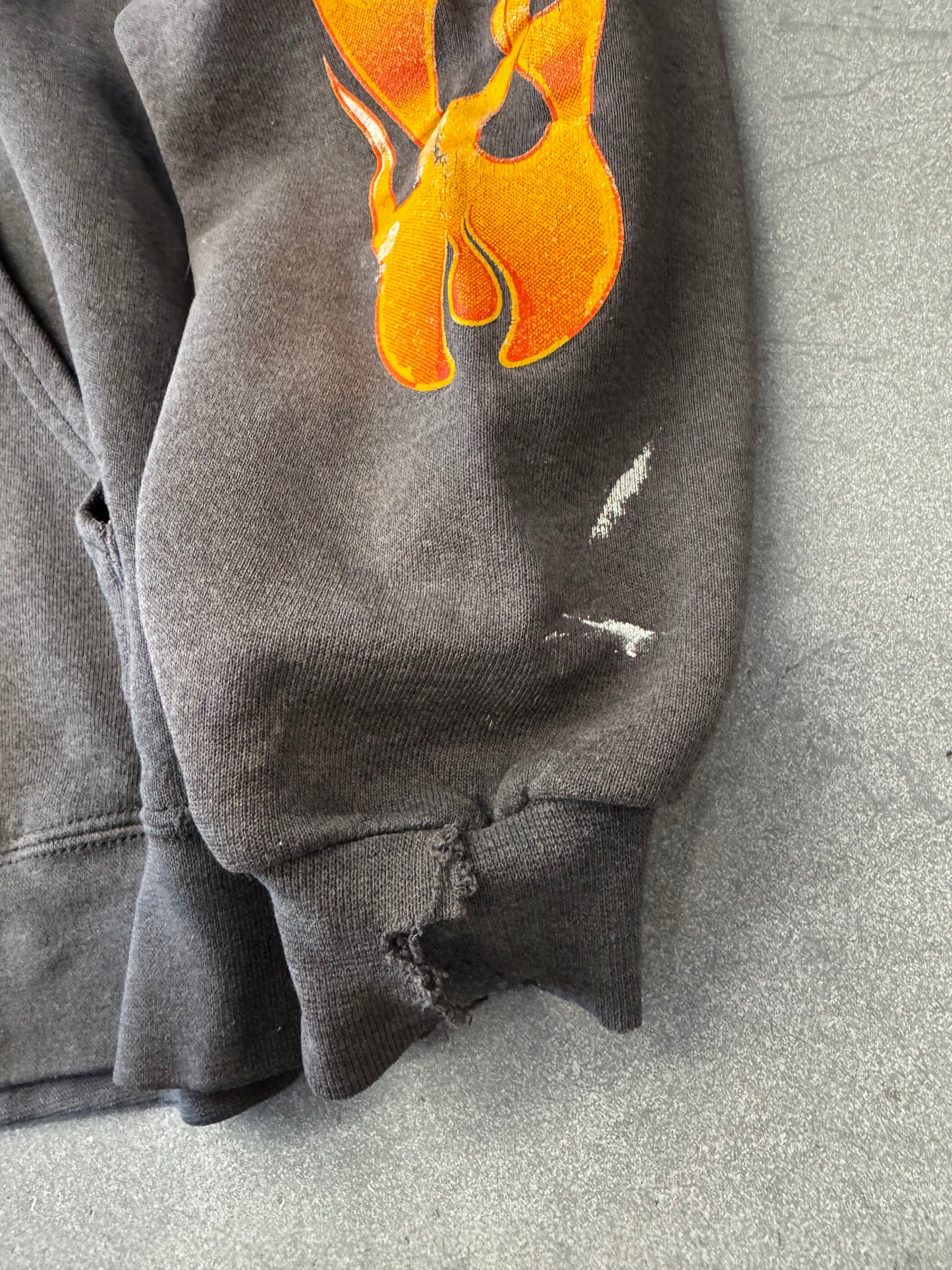 90S BIKER RAGS KNOXVILLE, TN. FLAME-SLEEVES ZIP-UP HOODIE (CUT TAGS) (BROKEN ZIPPER)