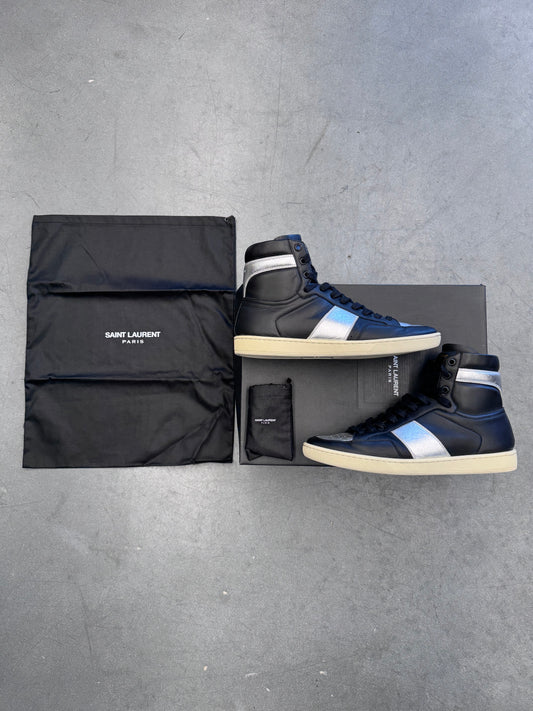 SIZE 40.5 YSL SAINT LAURENT PARIS HI TOP LEATHER SNEAKERS BLACK/SILVER (PRE-OWNED WITH BOX)