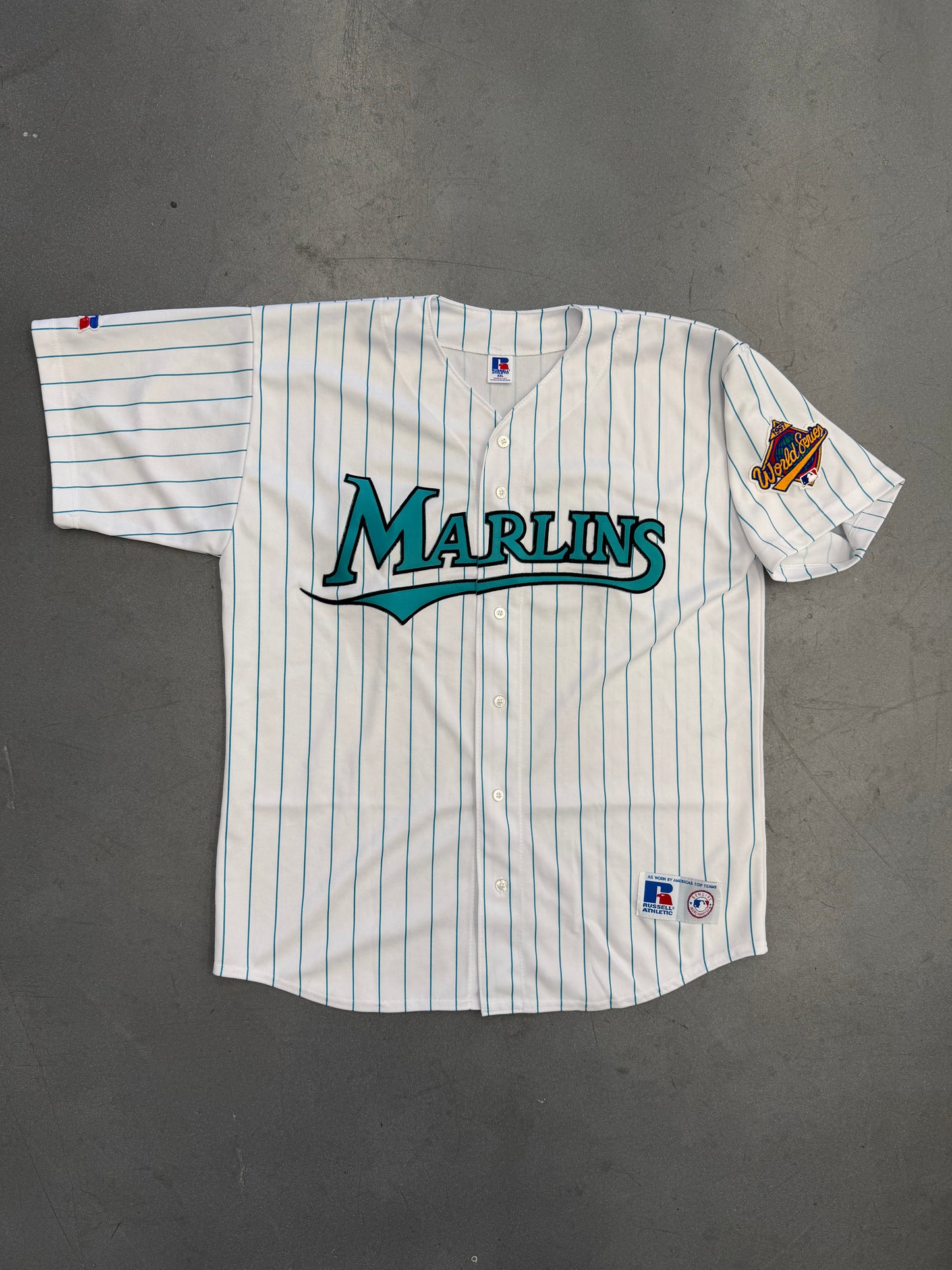 1997 FLORIDA MARLINS  RUSSELL ATHLETIC PINSTRIPE BASEBALL JERSEY