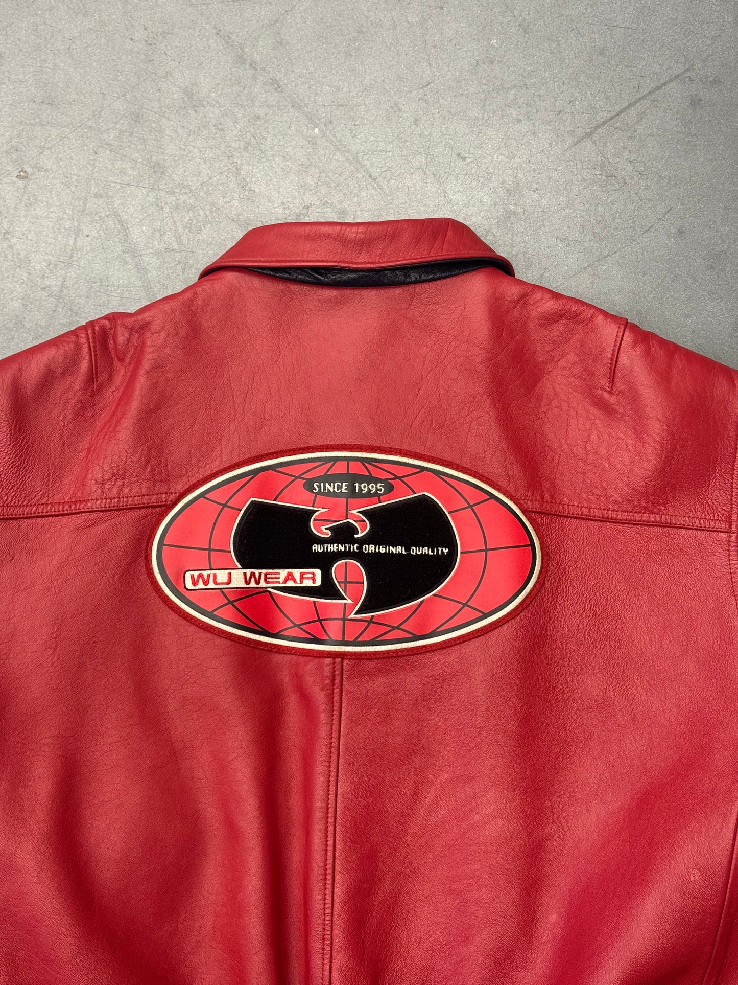 90S WU-TANG WU WEAR URBAN MILITIA LEATHER VARSITY JACKET - RED/WHITE